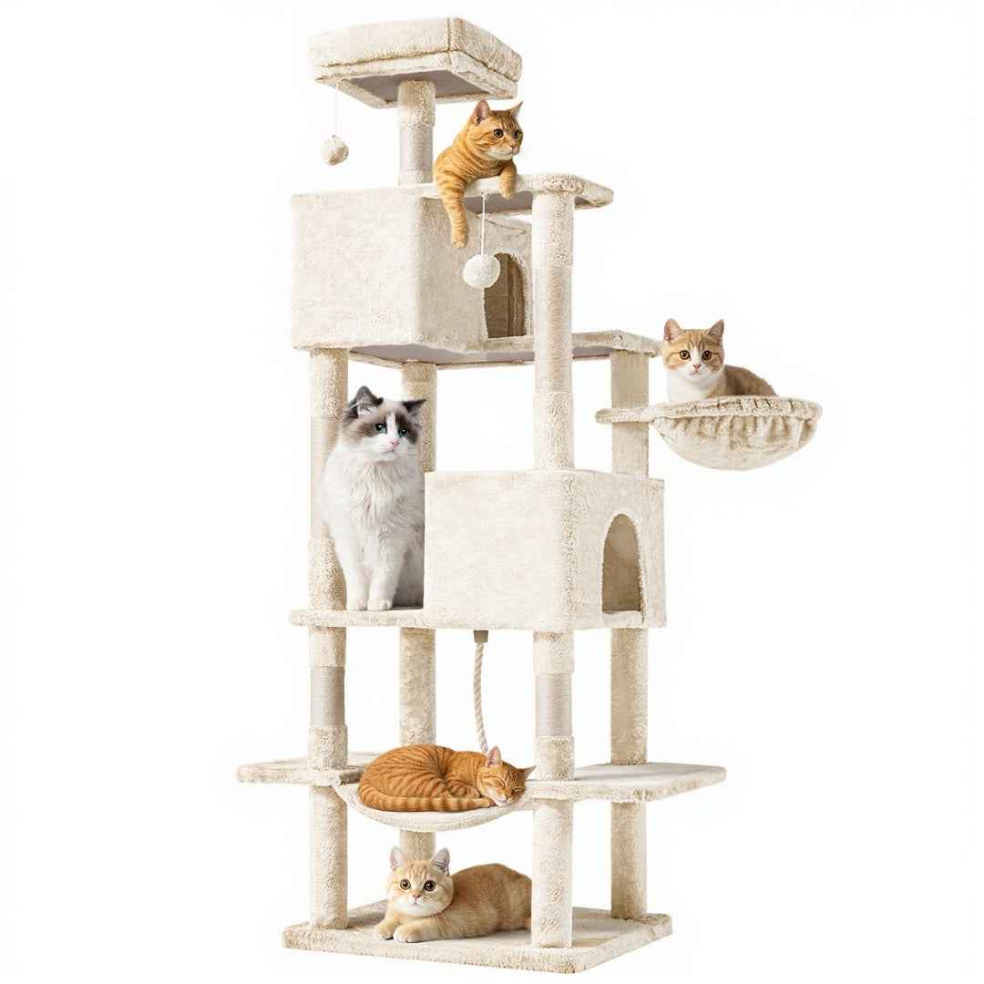 66-Inch Cat Tree Tower - Multi-Level with 2 Condos & Hammock