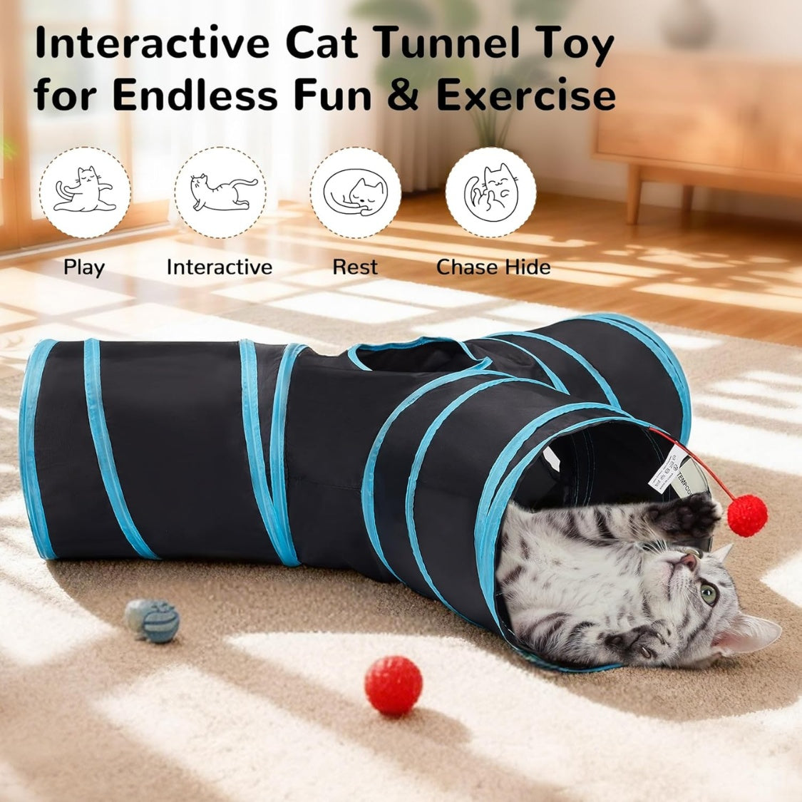 Cat Tunnel Toy 3-Way Collapsible - Peek Holes Teaser Wand Indoor Play