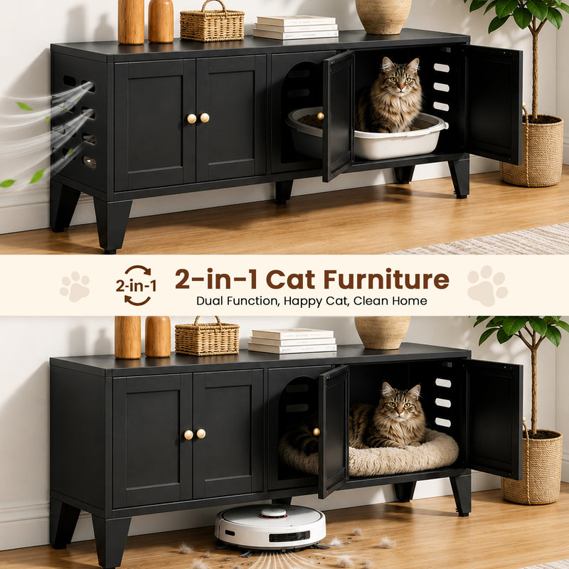 Cat Litter Box Enclosure - 58 Inch Hidden TV Stand Cabinet for 2 Cats