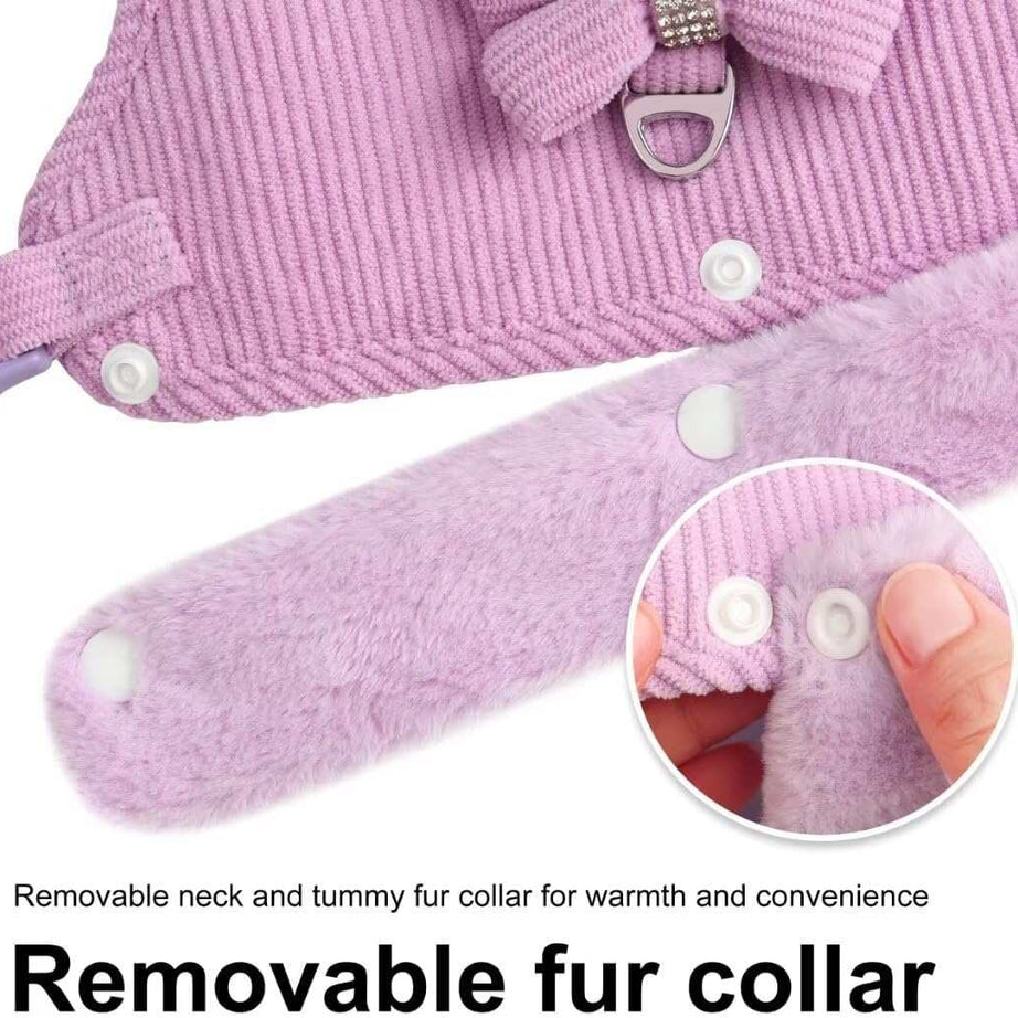 Warm Fur Collar Soft Padded Small Girl Pet Harness and Leash Set with Bow Tie