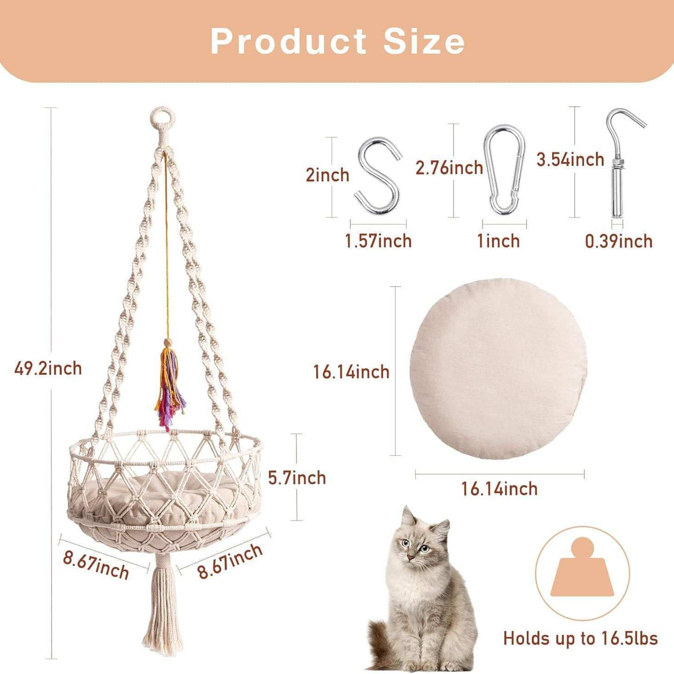 Macrame Cat Swing Bed For Indoor Cats - Boho Hanging Hammock With Washable Mat