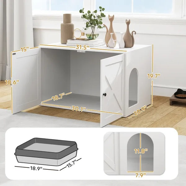 Side Table Cat Litter Box Enclosure With Barn Doors