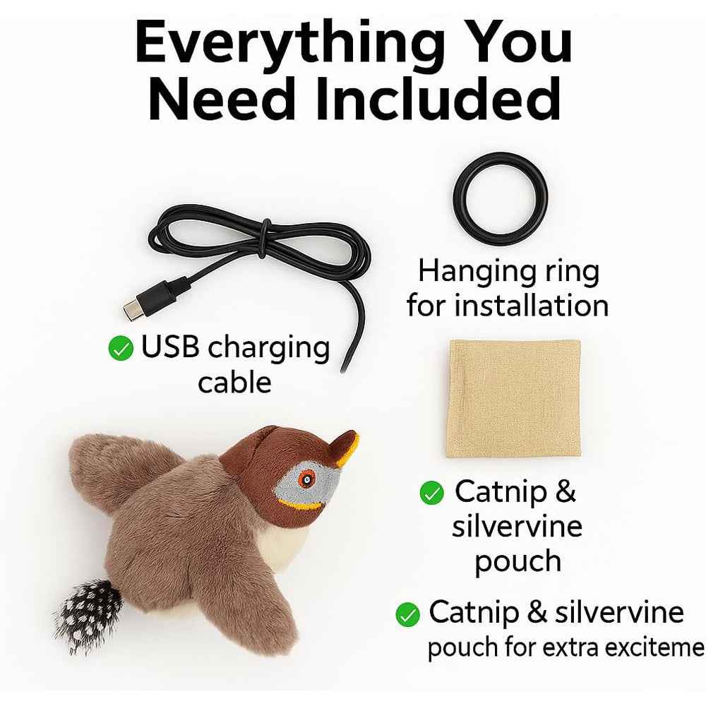 Cat Flapping Bird Toy Rechargeable - Motion Activated Chirping Sparrow