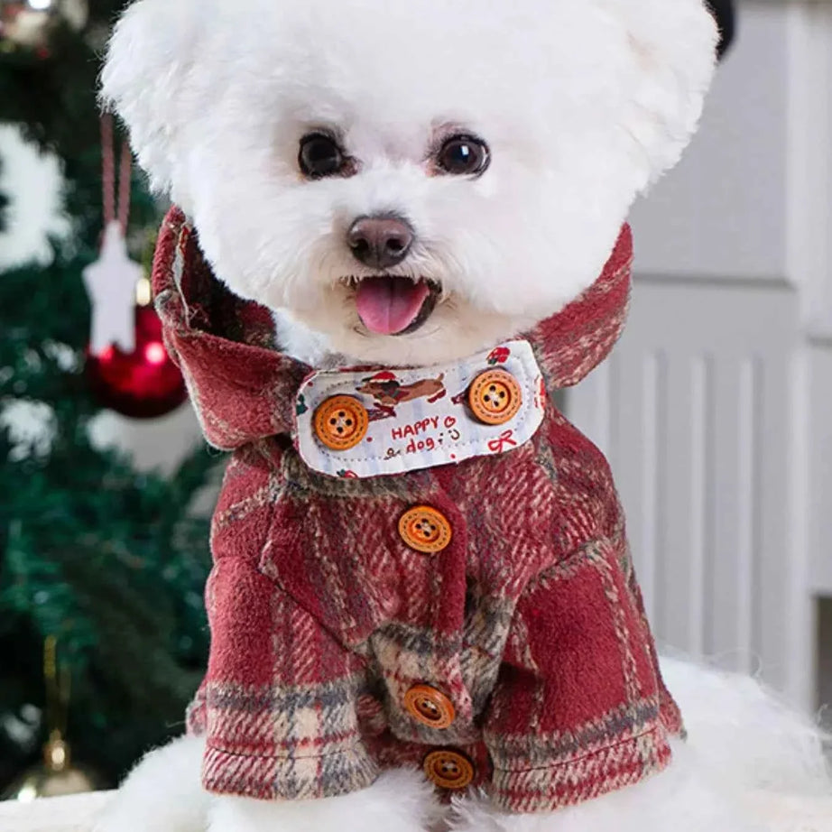 Pet Coat with Hood - Plaid Button-Down Jacket