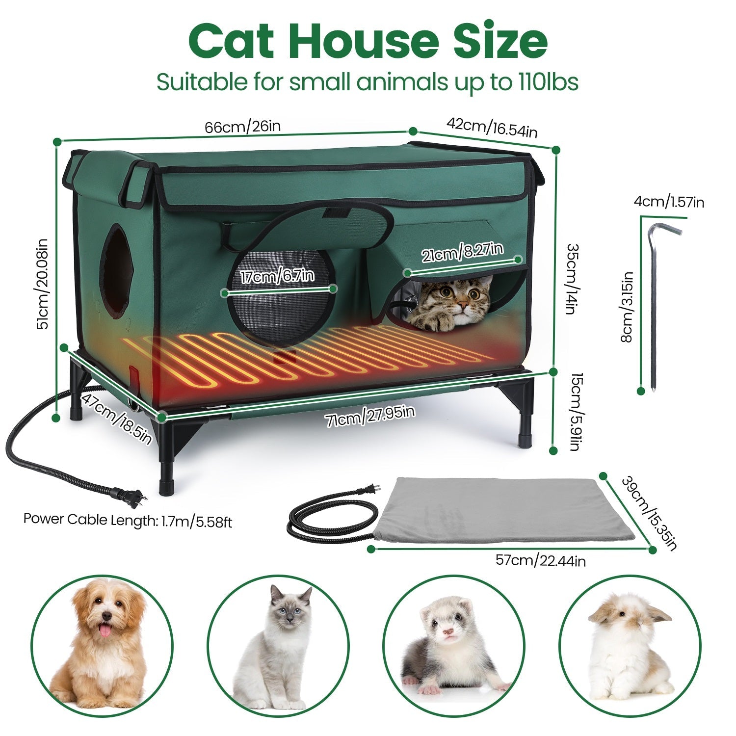 Cat House Heated Outdoor - Weatherproof Insulated Shelter Pad