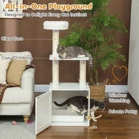 Cat Tree Litter Box Enclosure - 3-Tier Climbing Tower Combo