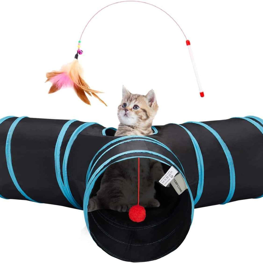 Cat Tunnel Toy 3-Way Collapsible - Peek Holes Teaser Wand Indoor Play