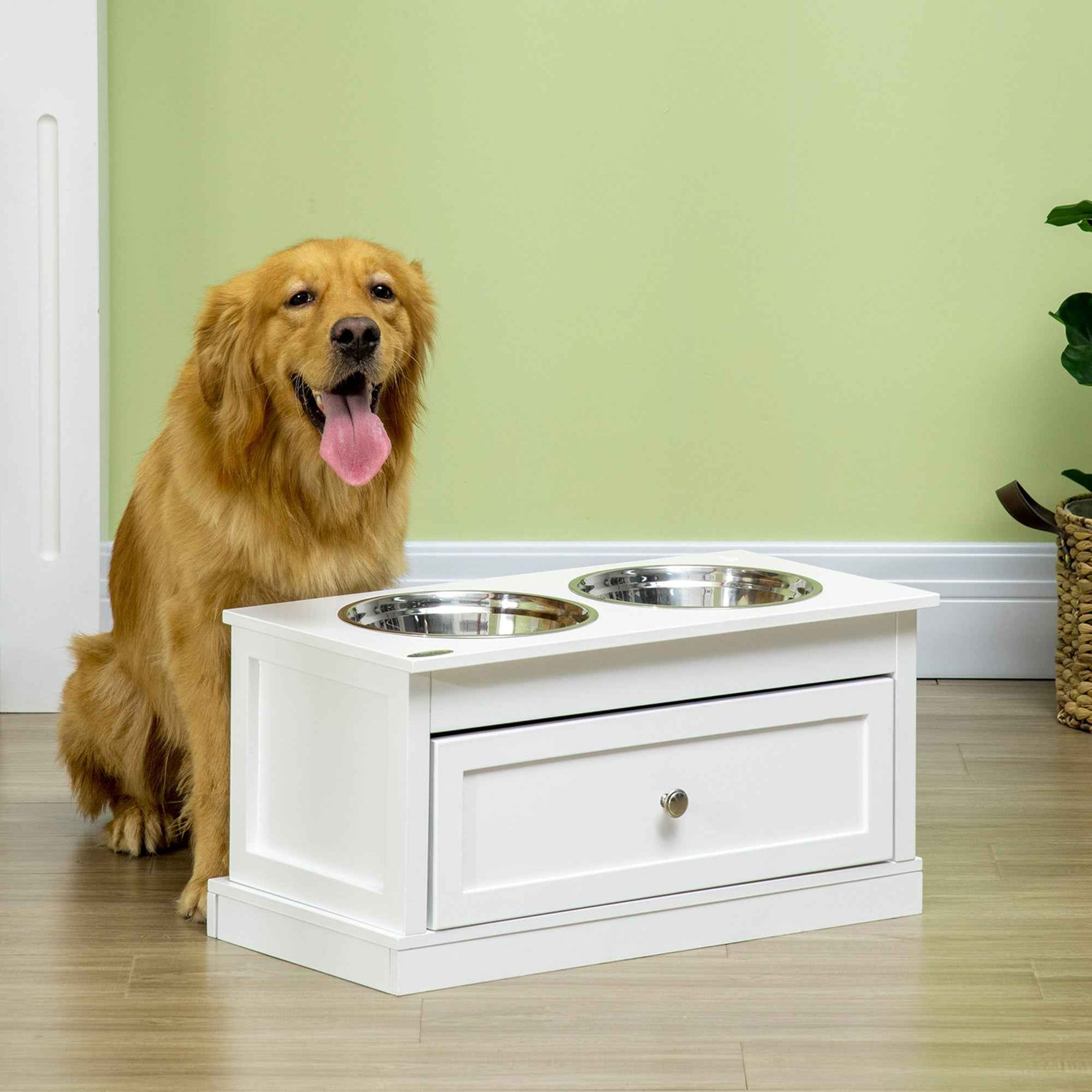 Elevated Dog Feeding Station with 11L Storage Drawer & Raised Bowls (White)