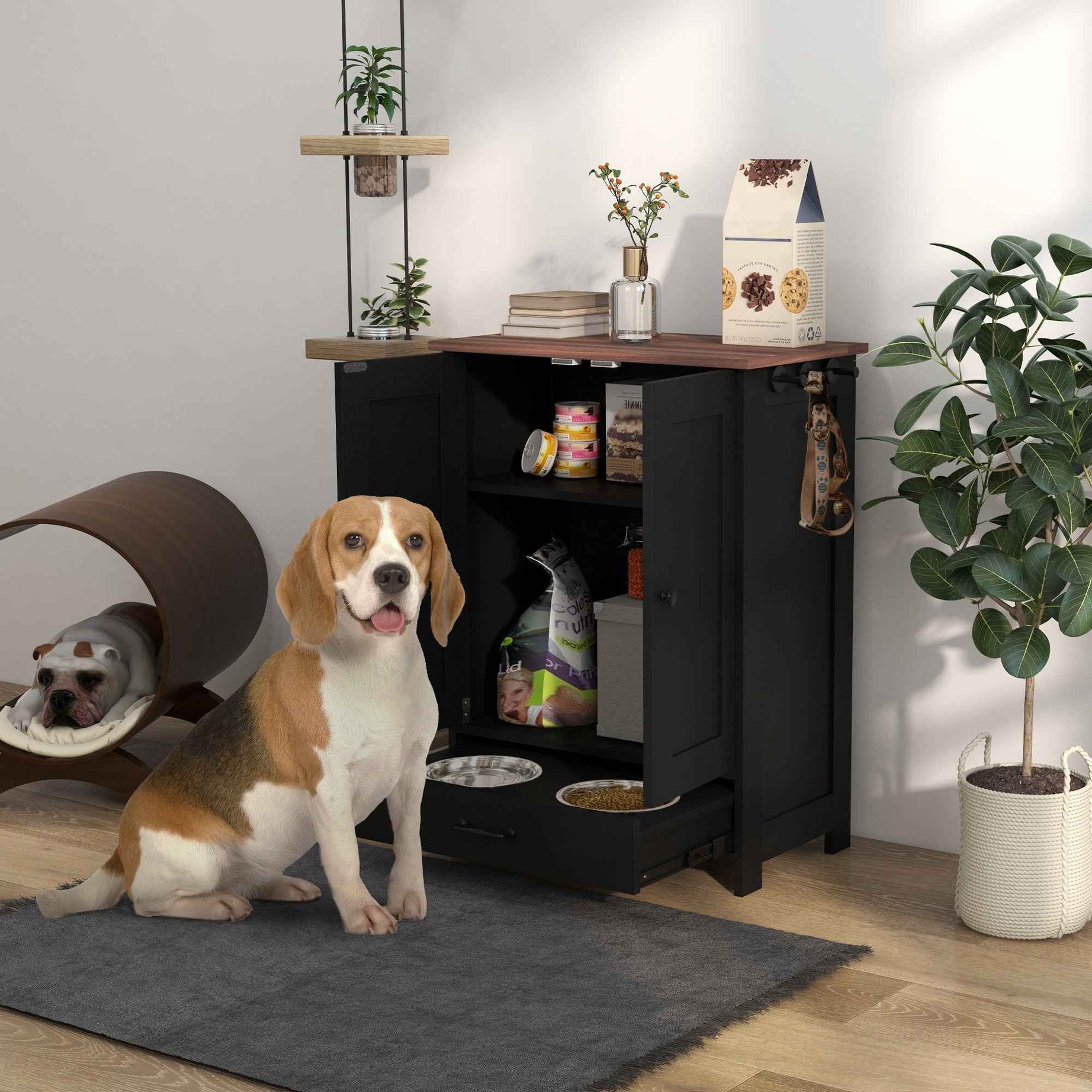 Dog Feeding Station Cabinet - Raised Bowls Storage and Hooks
