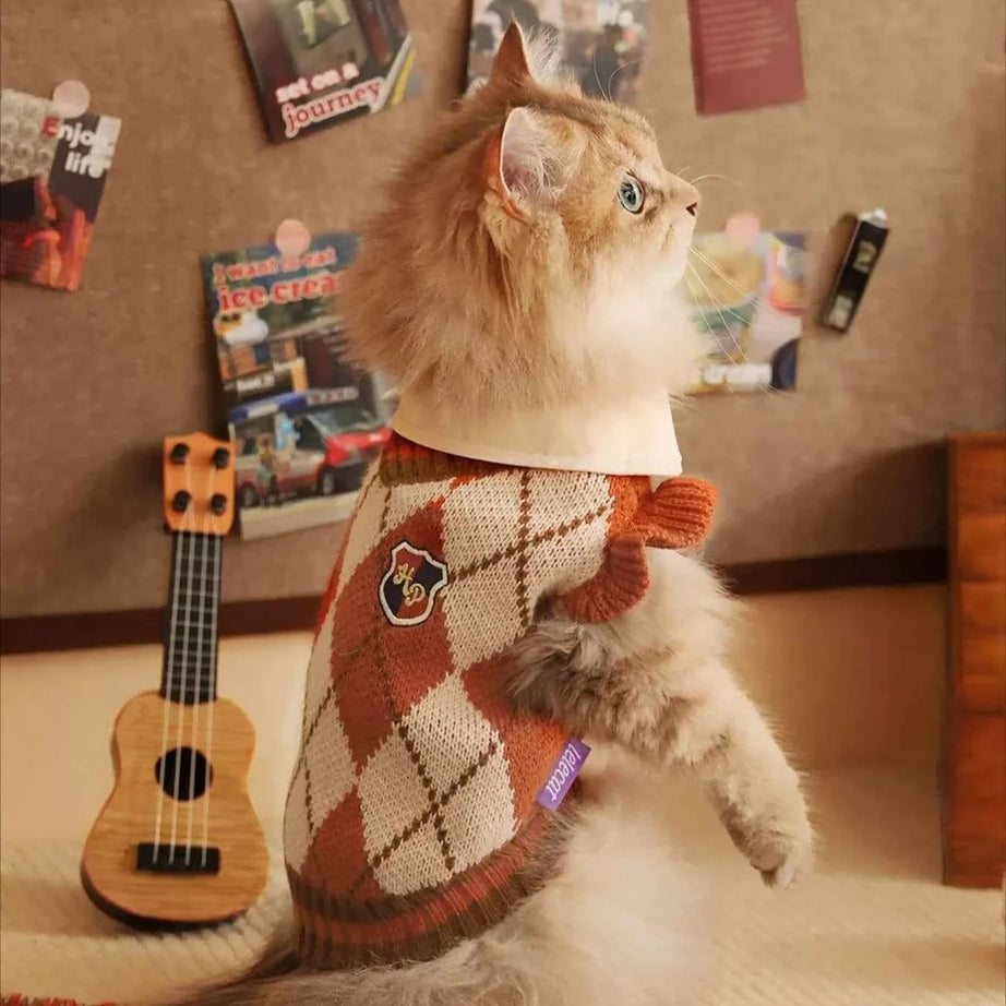 Argyle Pattern Pet Sweater - Stretchy Ruffled Top