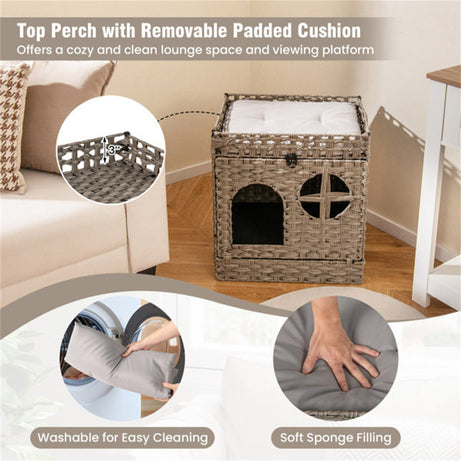 2-Tier Wicker Cat Condo With Litter Mat - Hidden Litter Box Enclosure