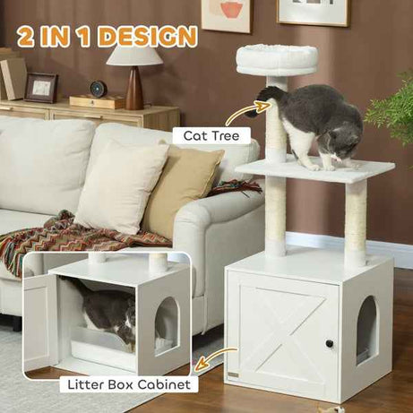 Cat Tree Litter Box Enclosure - 3-Tier Climbing Tower Combo