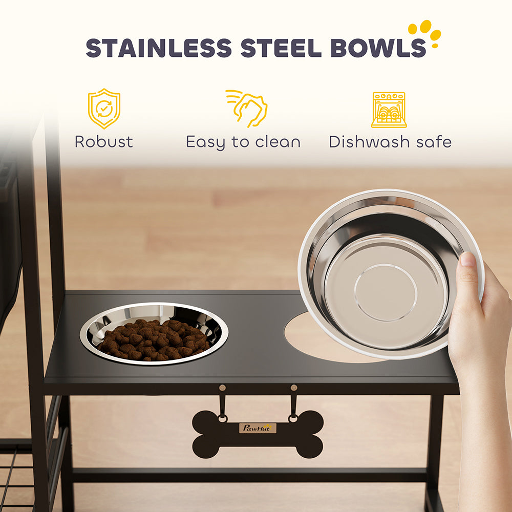 Dog Bowl Stand Dual Station - 4 Bowls 3 Heights Storage Bin