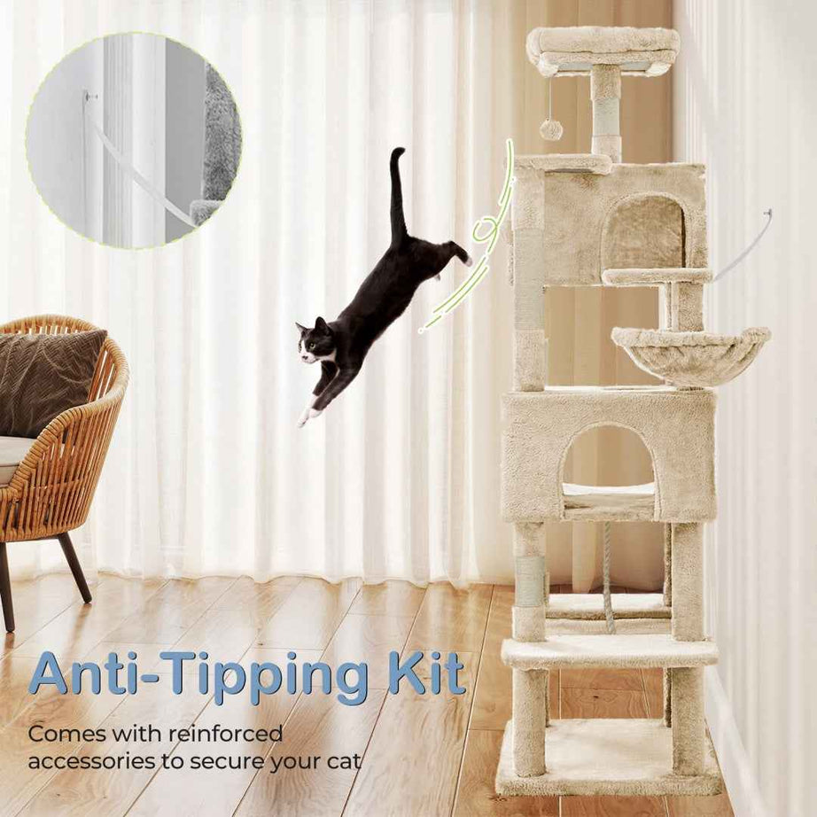66-Inch Cat Tree Tower - Multi-Level with 2 Condos & Hammock