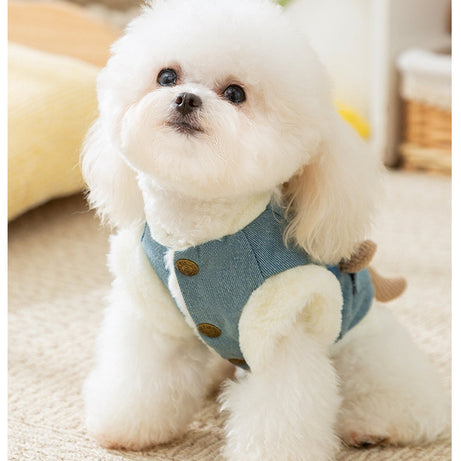 Teddy Bear Denim Vest - Dog Winter Coat with Plush Toy