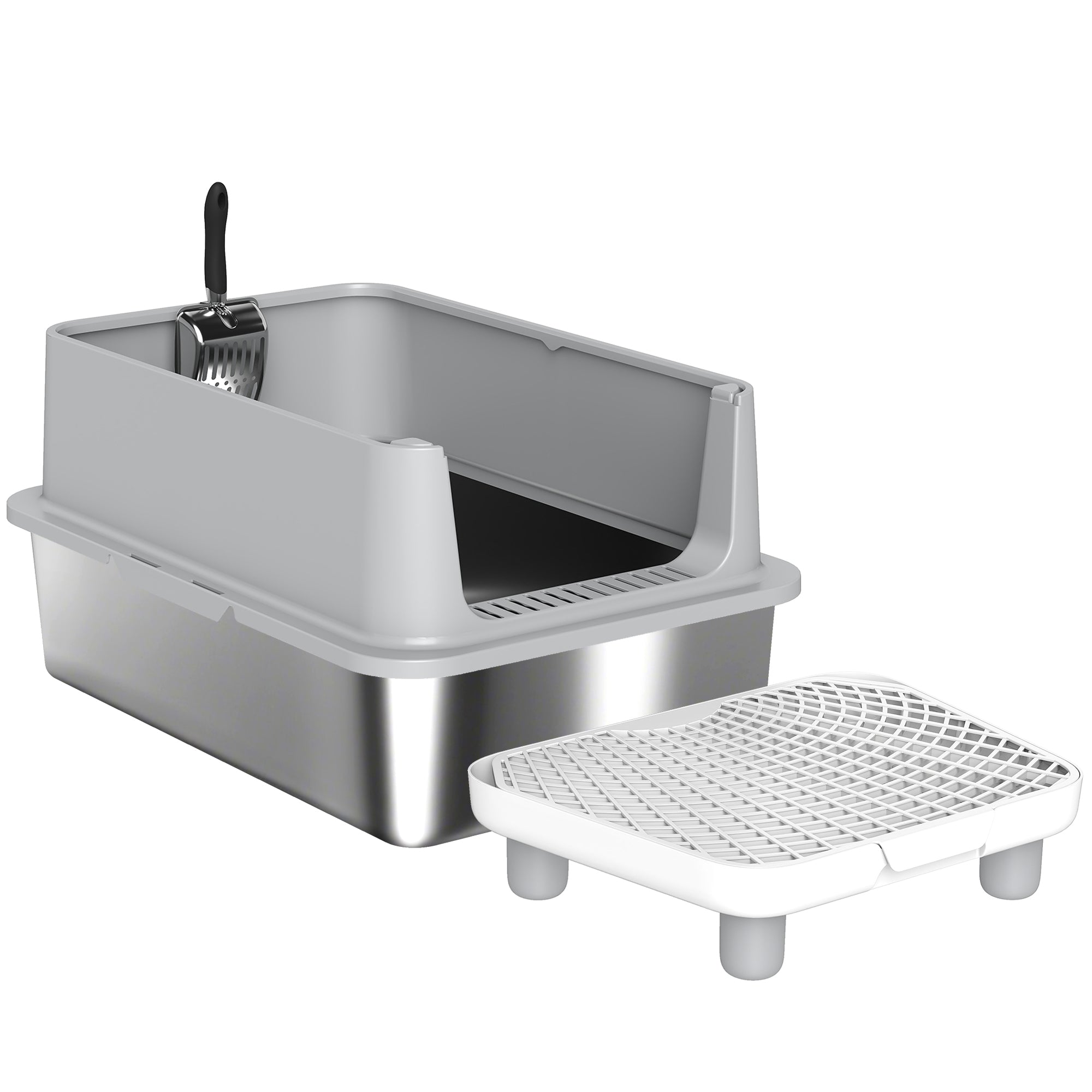 Cat Litter Box XL Stainless Steel - Anti-Leak High Walls Scoop and Pad