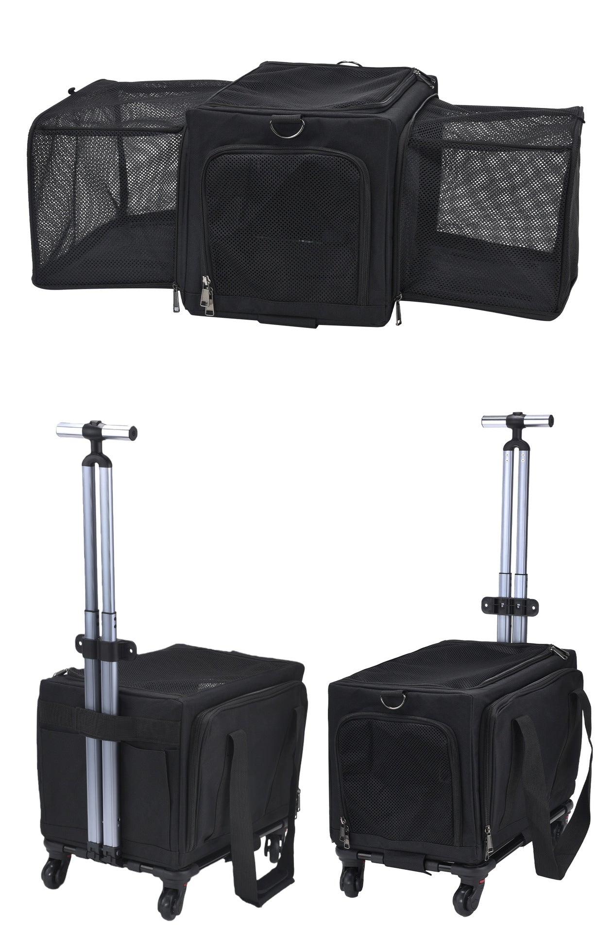 Rolling Pet Carrier with Wheels - 3-Sided Expandable Travel Bag Cats Dogs