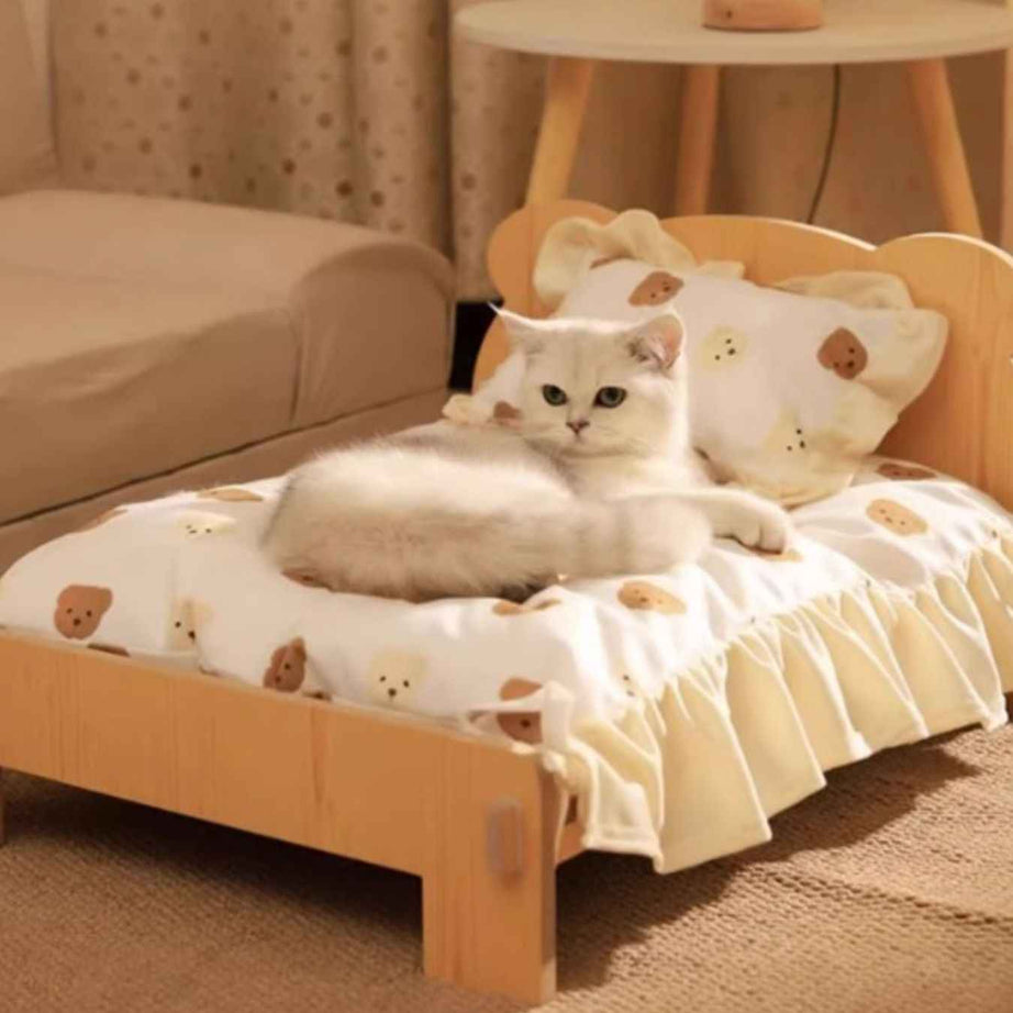 Wooden Pet Bed Frame - Miniature Bear Headboard with Bedding Set