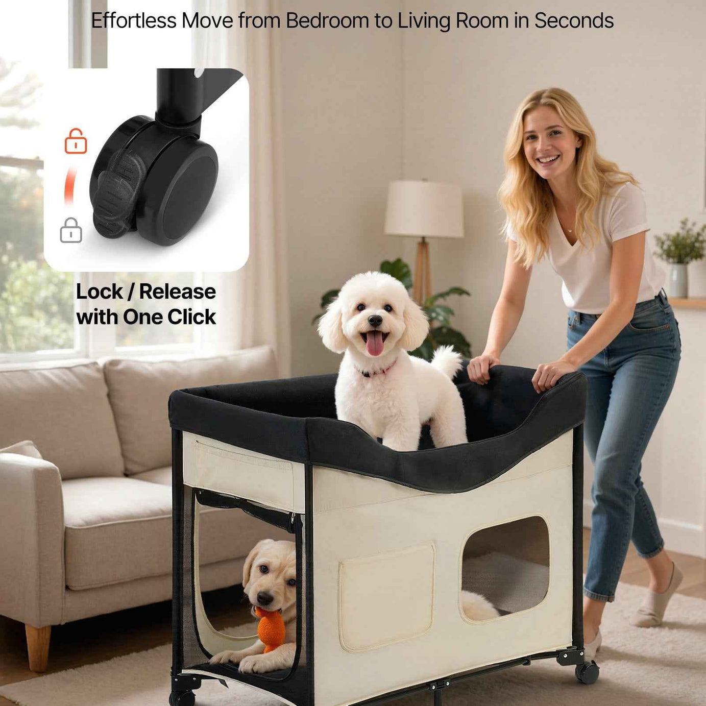Elevated Bunk Dog Bed - Dual Level Bedside with Wheels