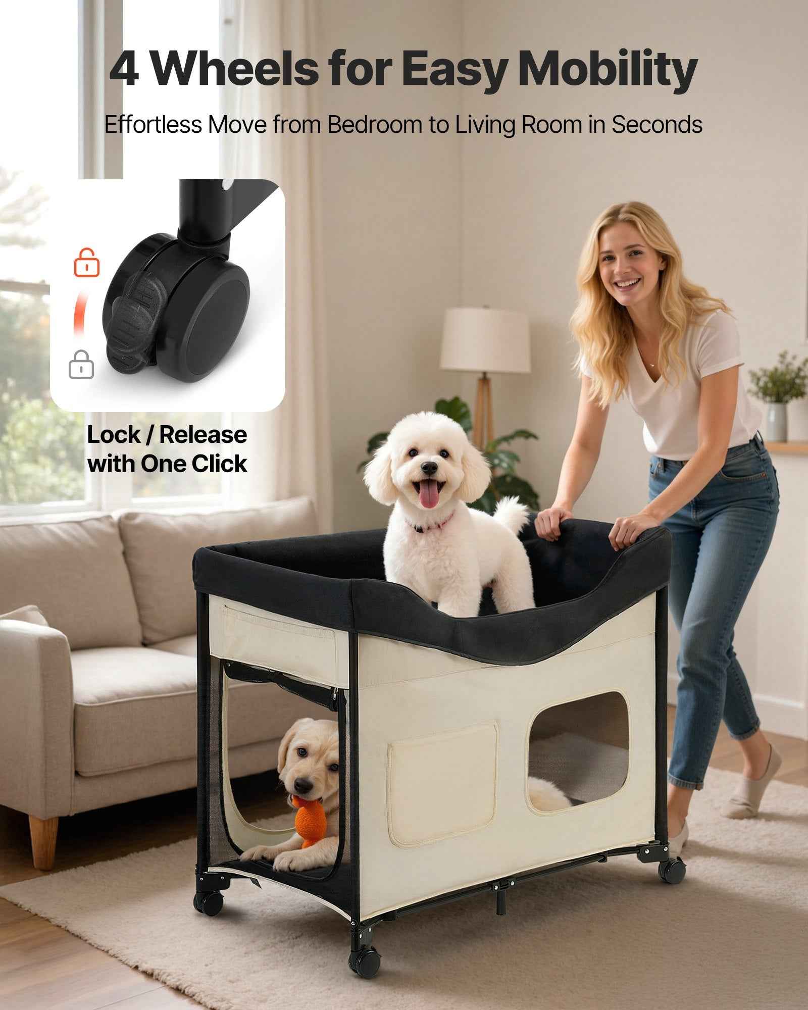 Elevated Bunk Dog Bed - Dual Level Bedside with Wheels