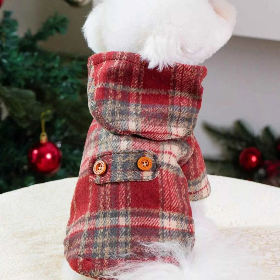 Pet Coat with Hood - Plaid Button-Down Jacket