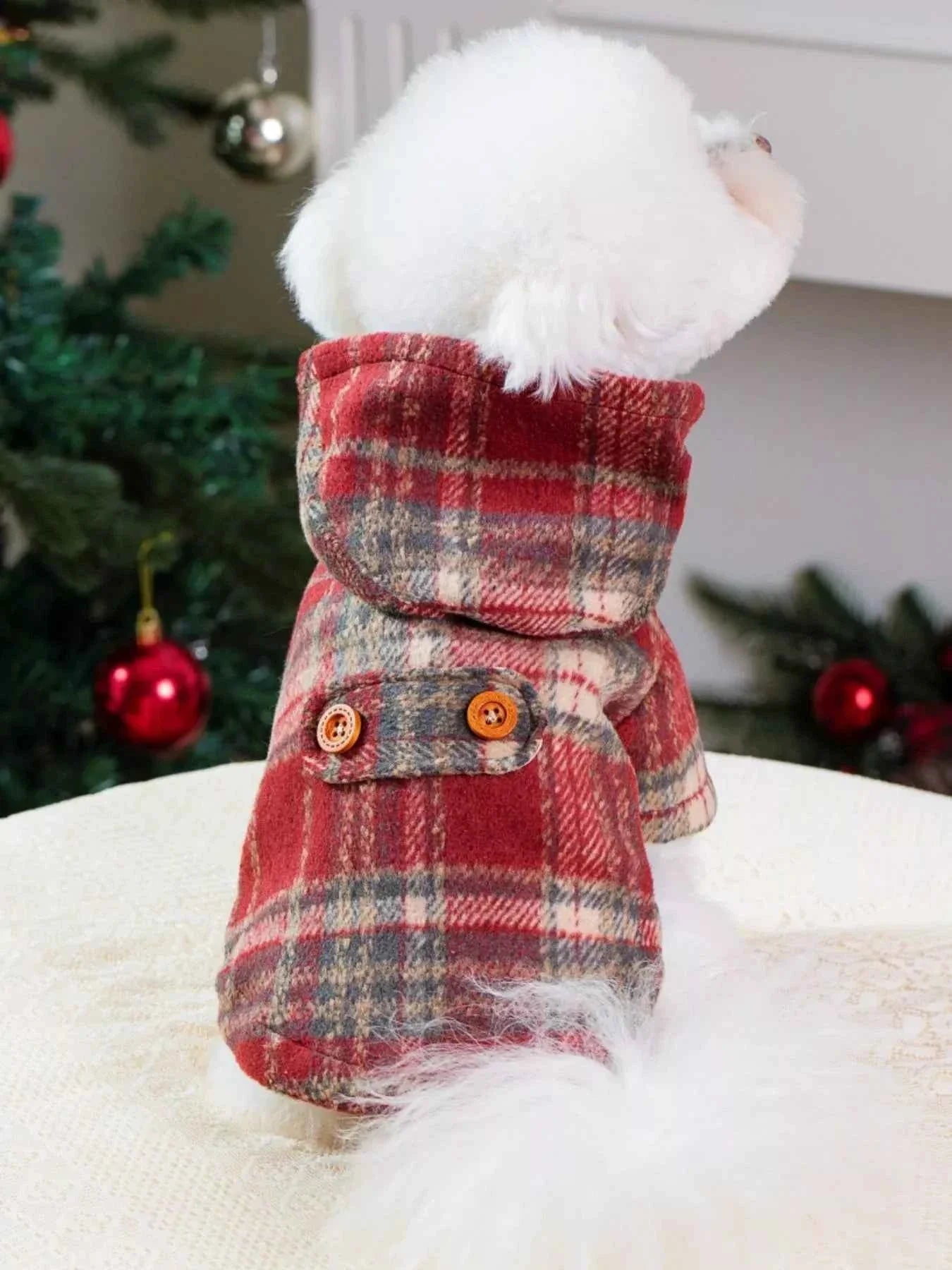 Pet Coat with Hood - Plaid Button-Down Jacket
