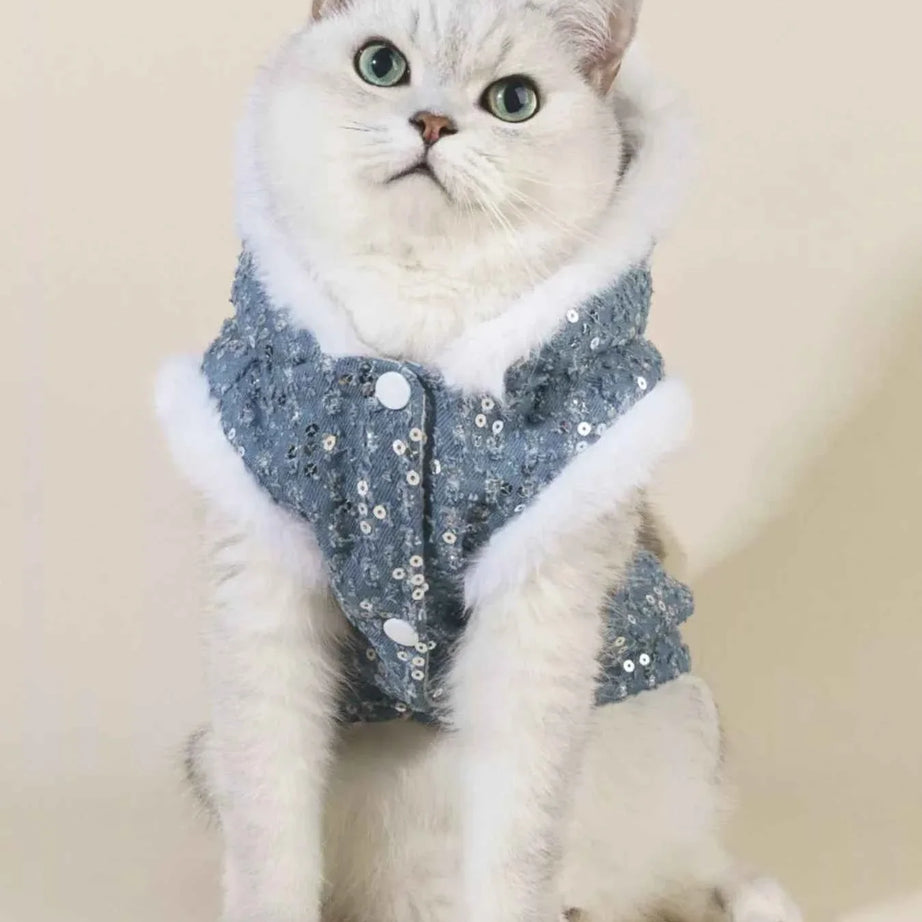 Sequin Pet Coat - Fur Trim Hoodie