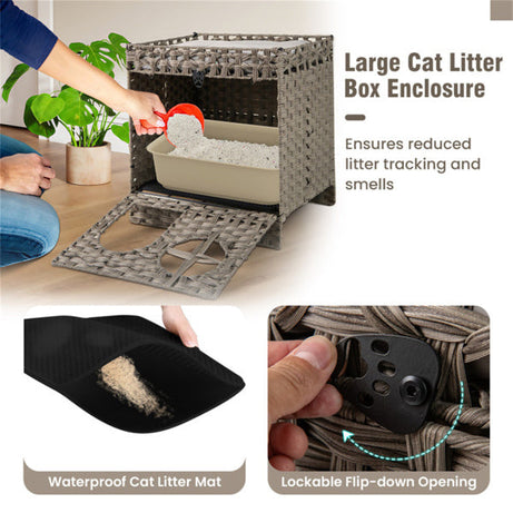 2-Tier Wicker Cat Condo With Litter Mat - Hidden Litter Box Enclosure