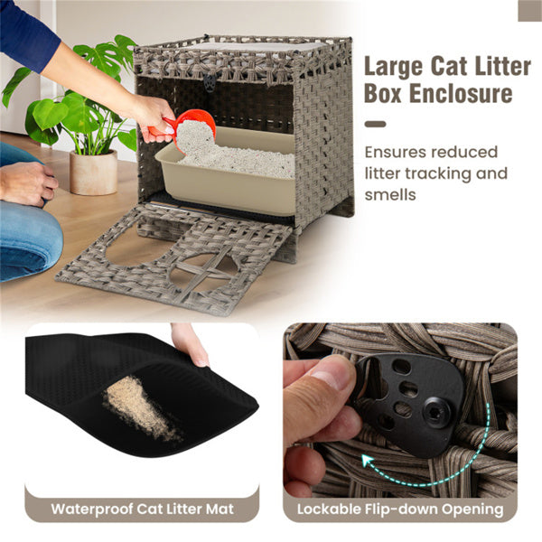 2-Tier Wicker Cat Condo With Litter Mat - Hidden Litter Box Enclosure