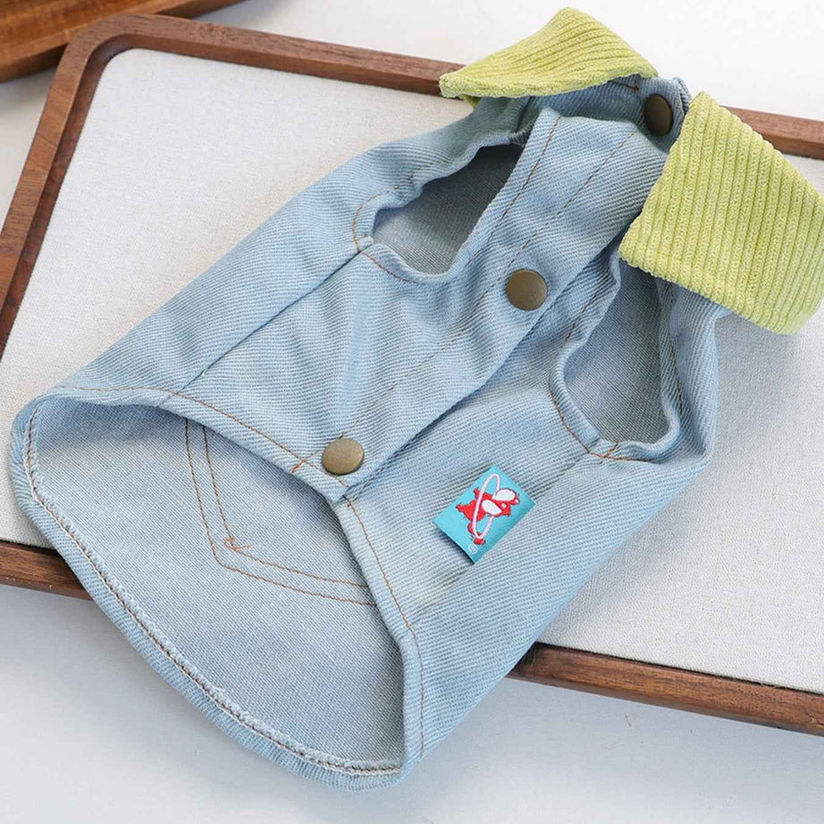 Dog Denim Flower Vest - Embroidered Pocket with Turtleneck Collar