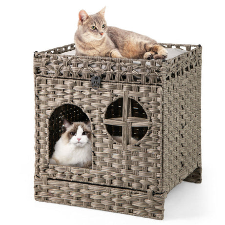 2-Tier Wicker Cat Condo With Litter Mat - Hidden Litter Box Enclosure
