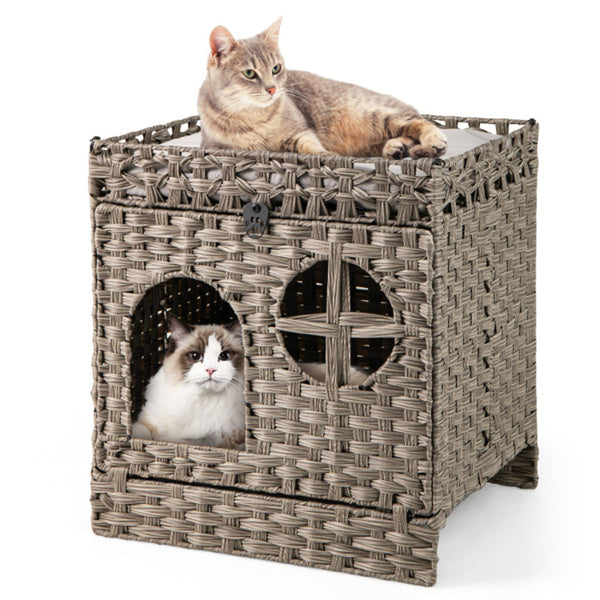 2-Tier Wicker Cat Condo With Litter Mat - Hidden Litter Box Enclosure