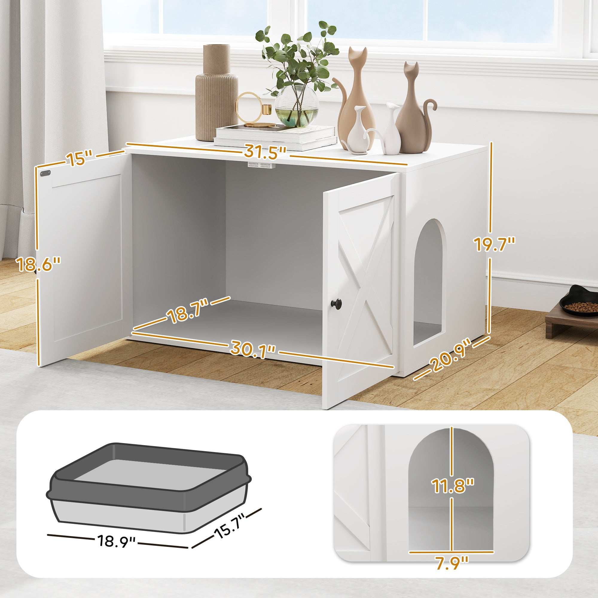 Cat Litter Box Enclosure with Barn Door - Hidden Cabinet