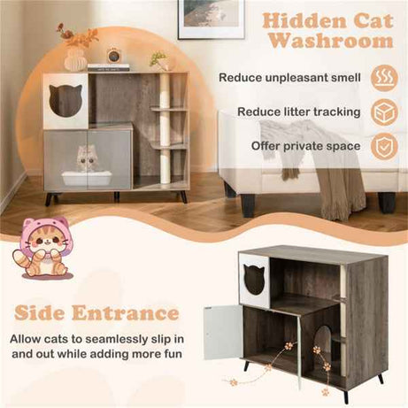 Cat Litter Box Enclosure Cabinet - 3-in-1 Scratching Post Condo Furniture