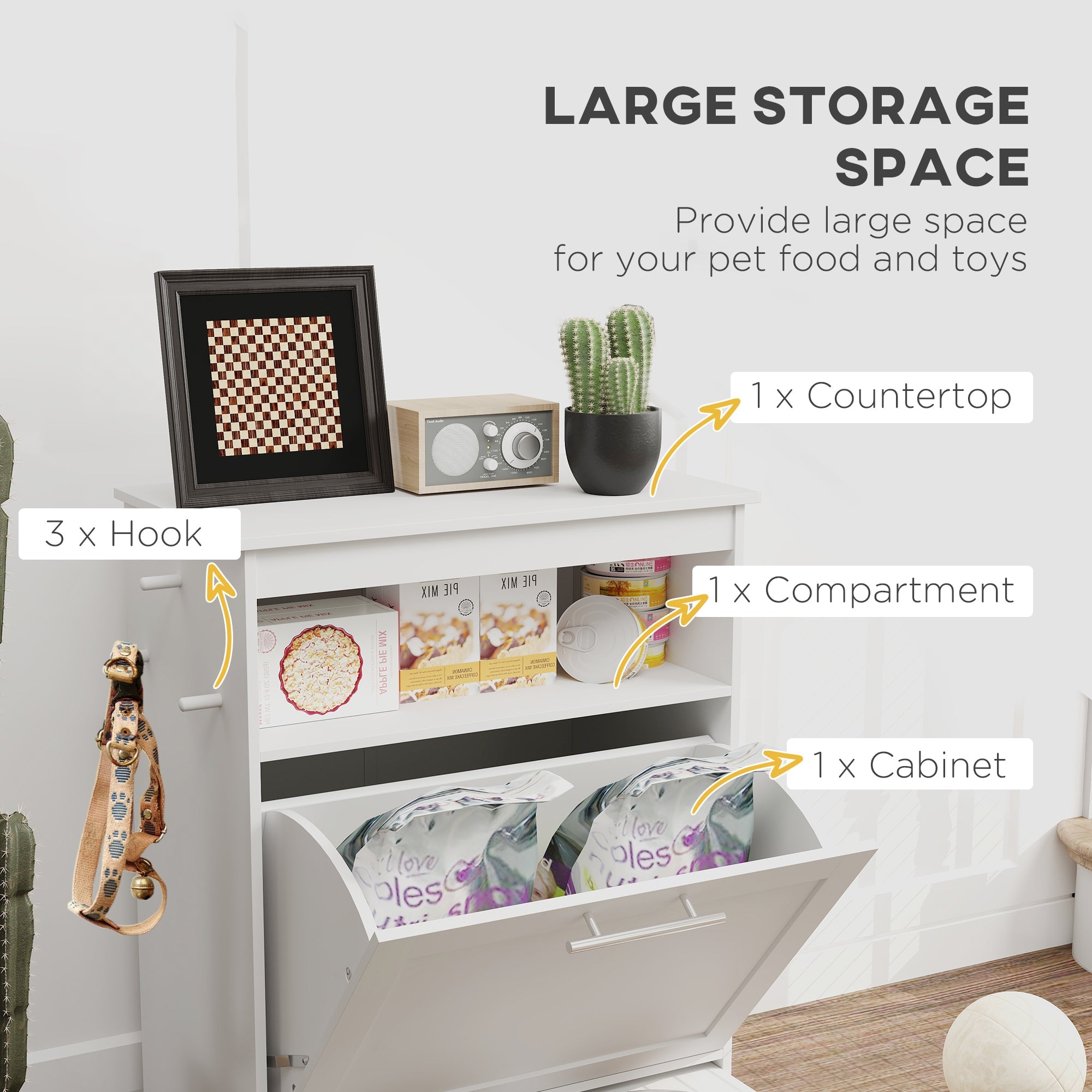 Pet Feeder Station Cabinet - Raised Bowls Storage Hooks