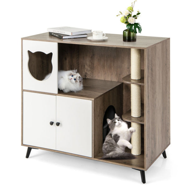Cat Litter Box Enclosure Cabinet - 3-in-1 Scratching Post Condo Furniture