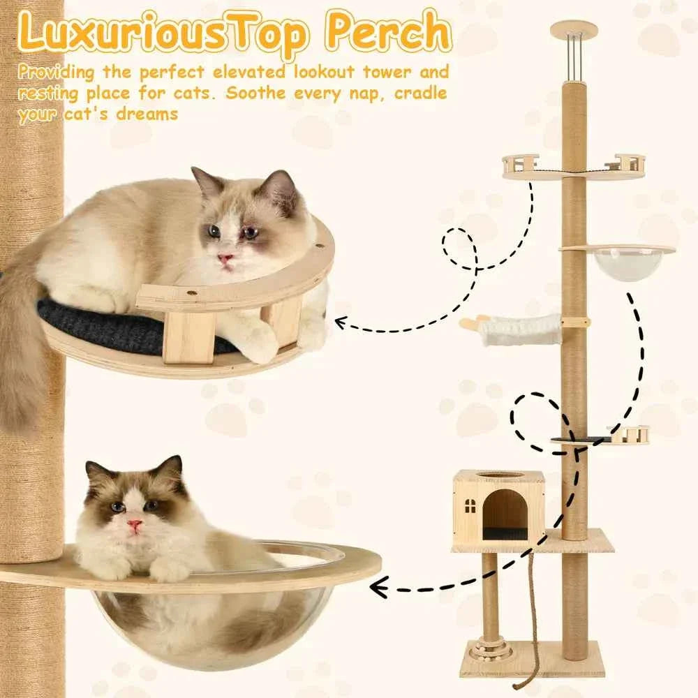 Cat Tree Floor to Ceiling - 6 Level Capsule Tower with Hammock