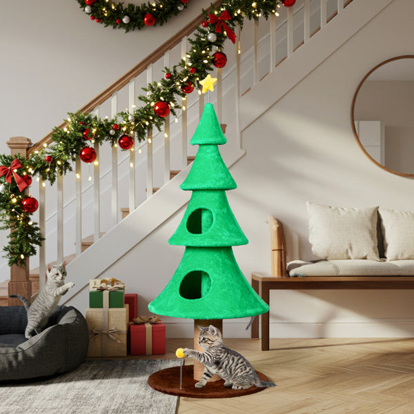Christmas Tree Cat Tower - 59in Tall with Condos & Scratching Post