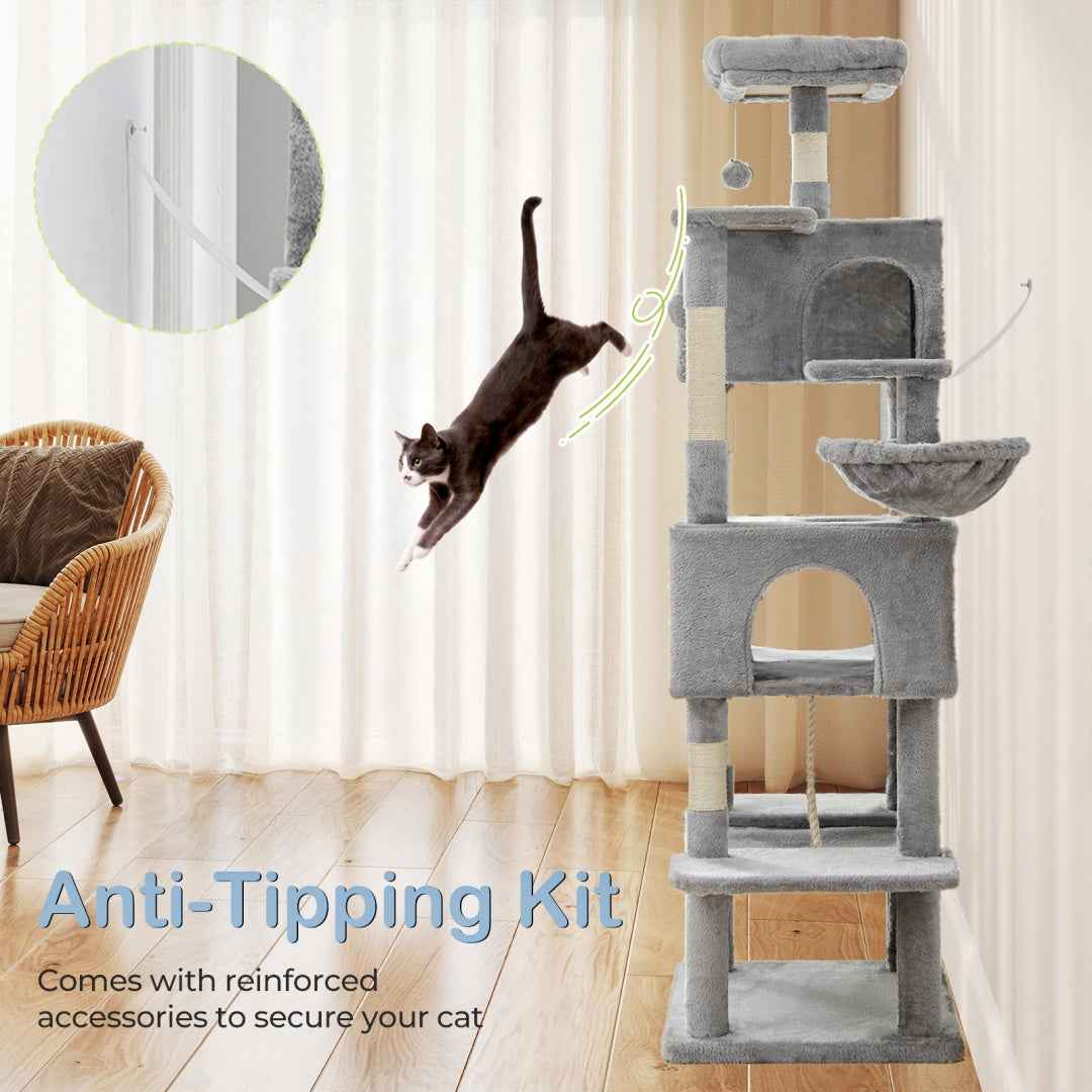 66-Inch Cat Tree Tower - Multi-Level with 2 Condos & Hammock