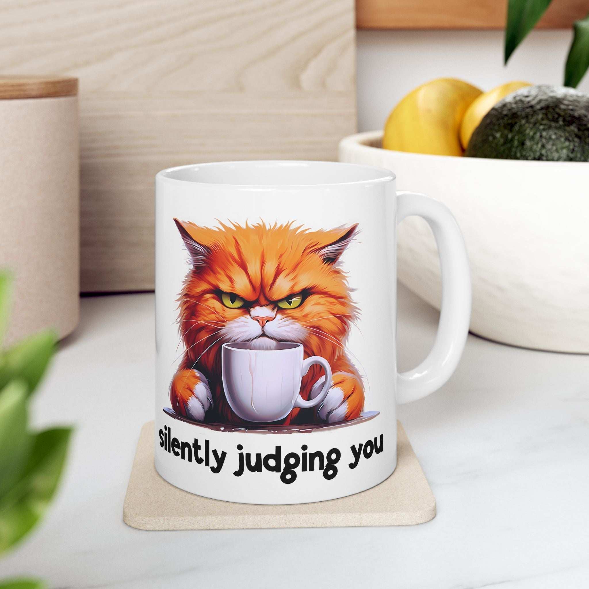 Funny Cat Ceramic Mug - 'Judging You Silently' (11oz, 15oz)