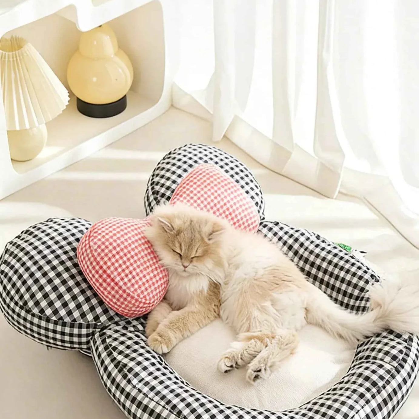 Pet Mat with Bow - Cartoon Plaid Design Bed
