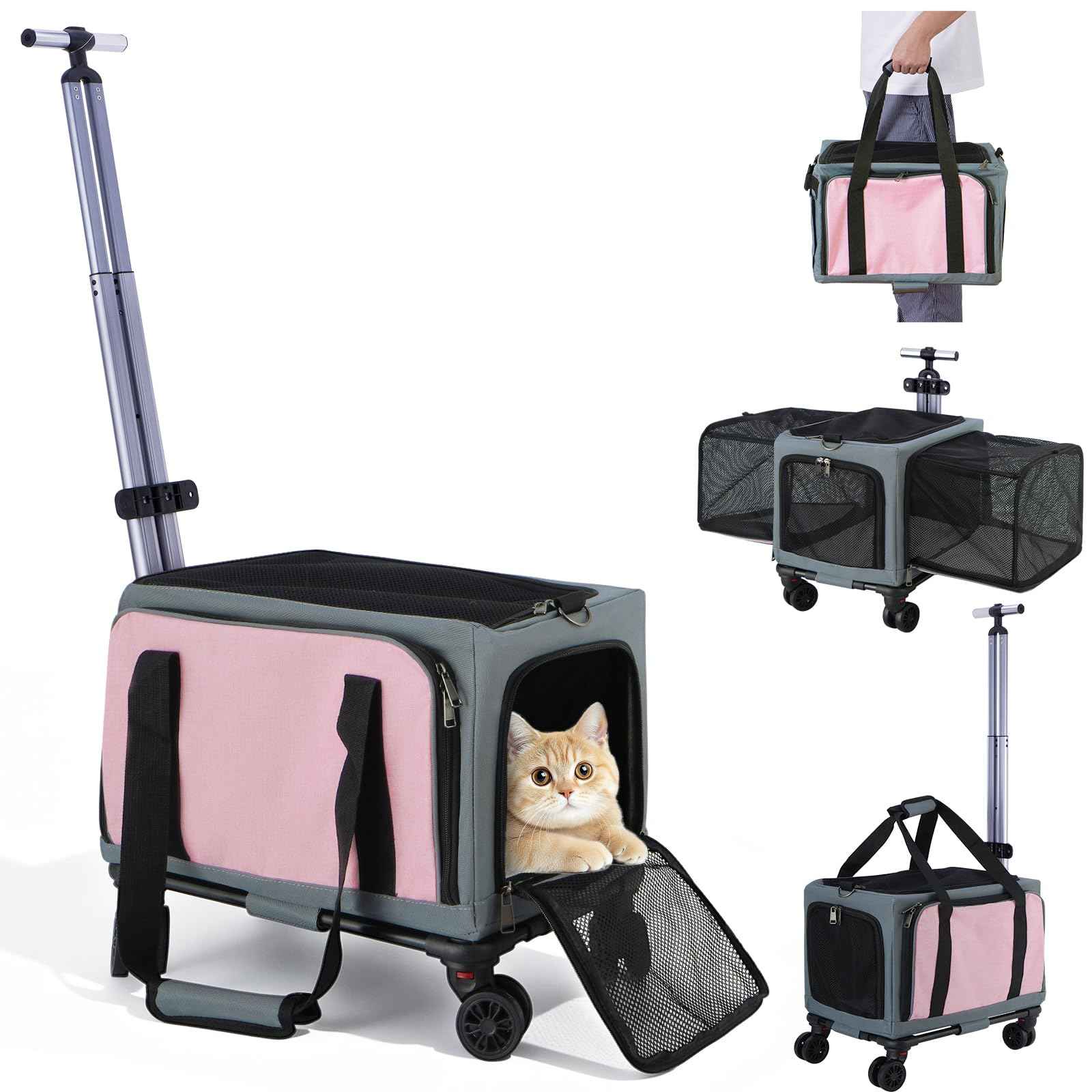 Rolling Pet Carrier with Wheels - 3-Sided Expandable Travel Bag Cats Dogs