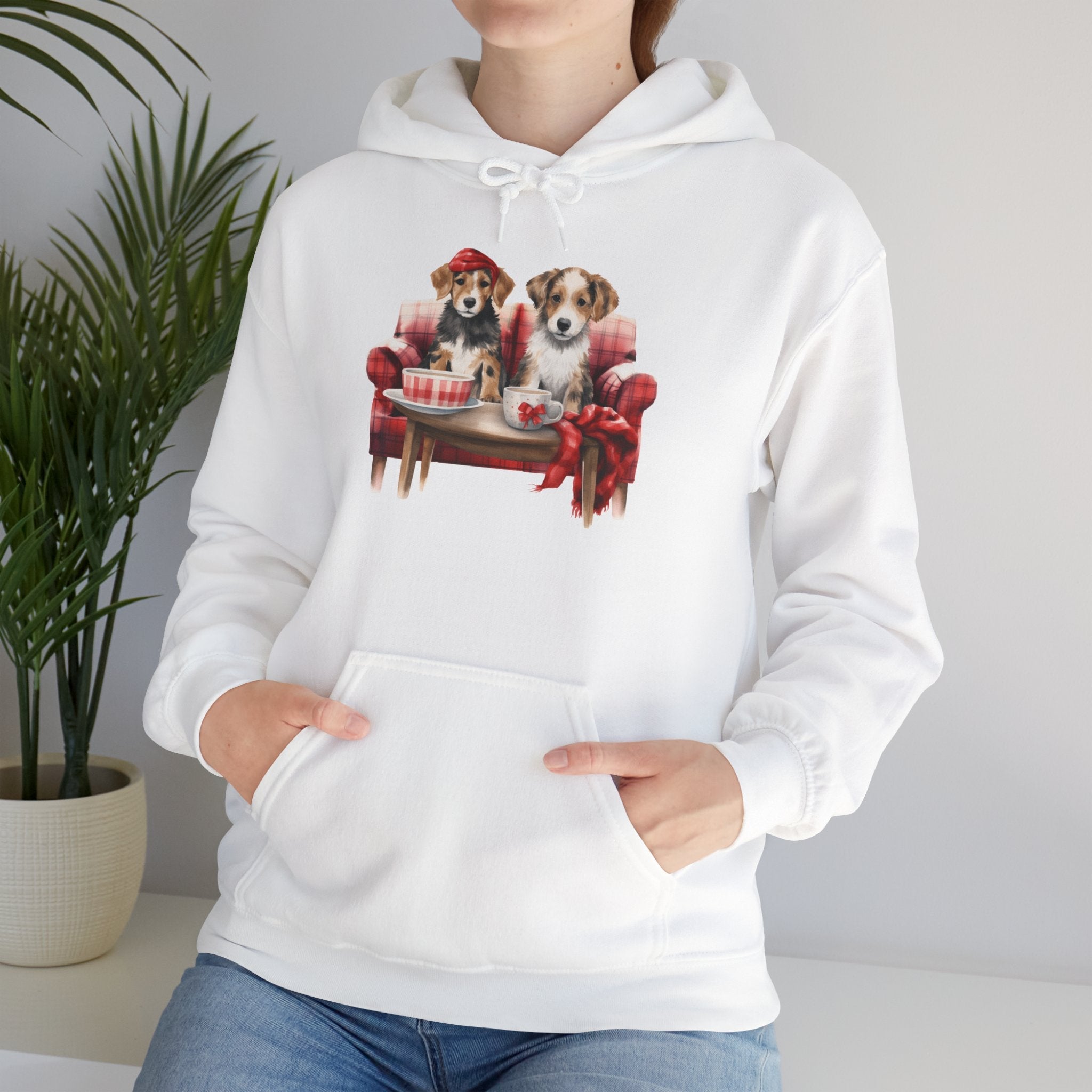 Christmas Hoodie - Festive Puppies on Sofa Design