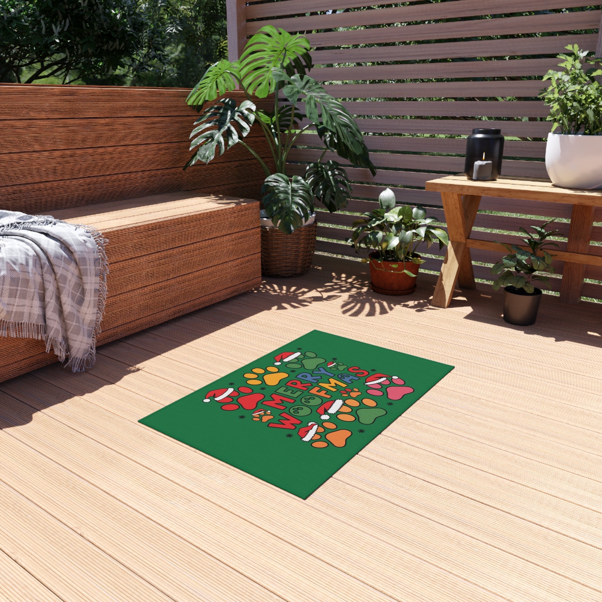 Merry Woofmas Outdoor Rug — Festive Paw Print Christmas Doormat