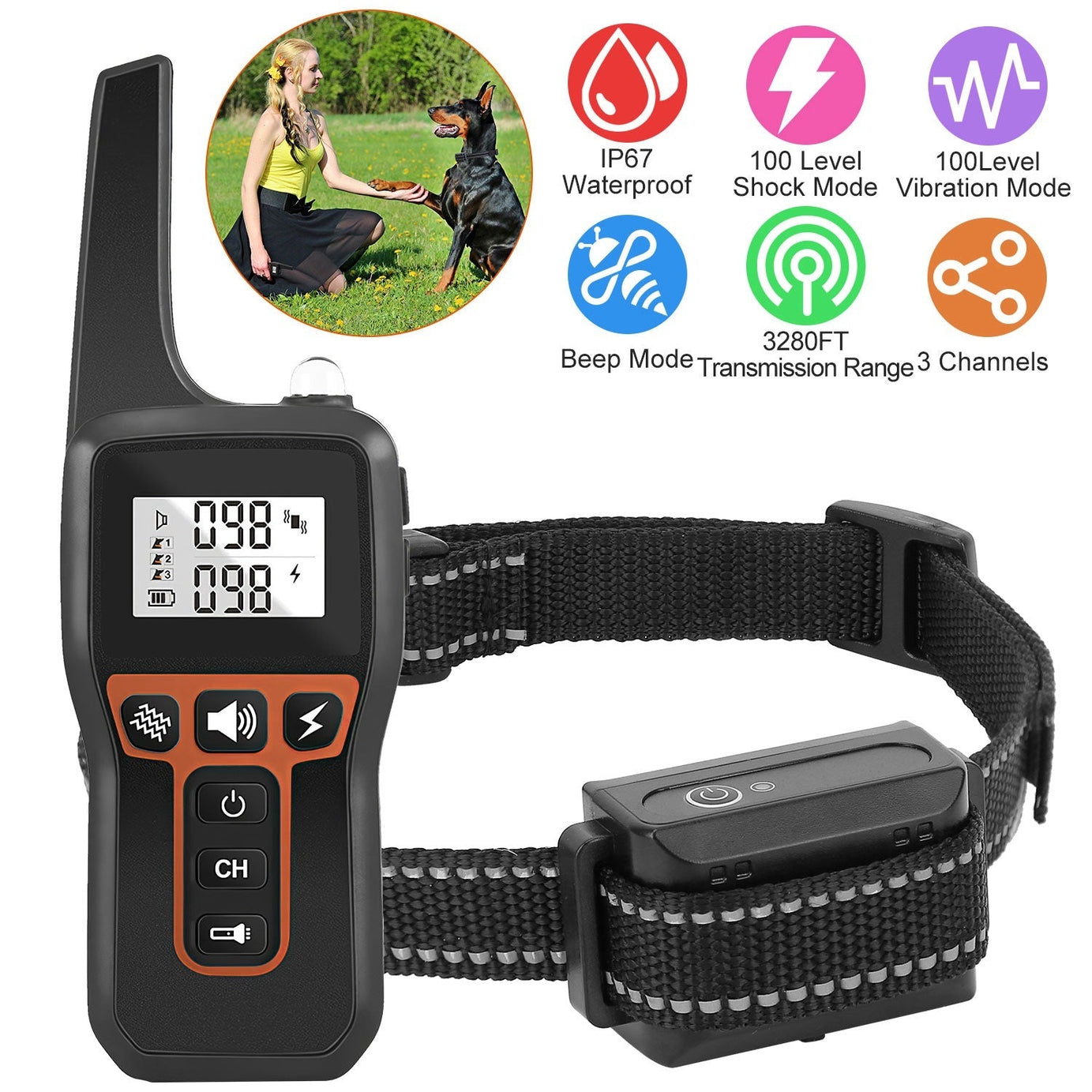 Dog Training Collar - 3280ft Range IP67 Waterproof 3 Modes