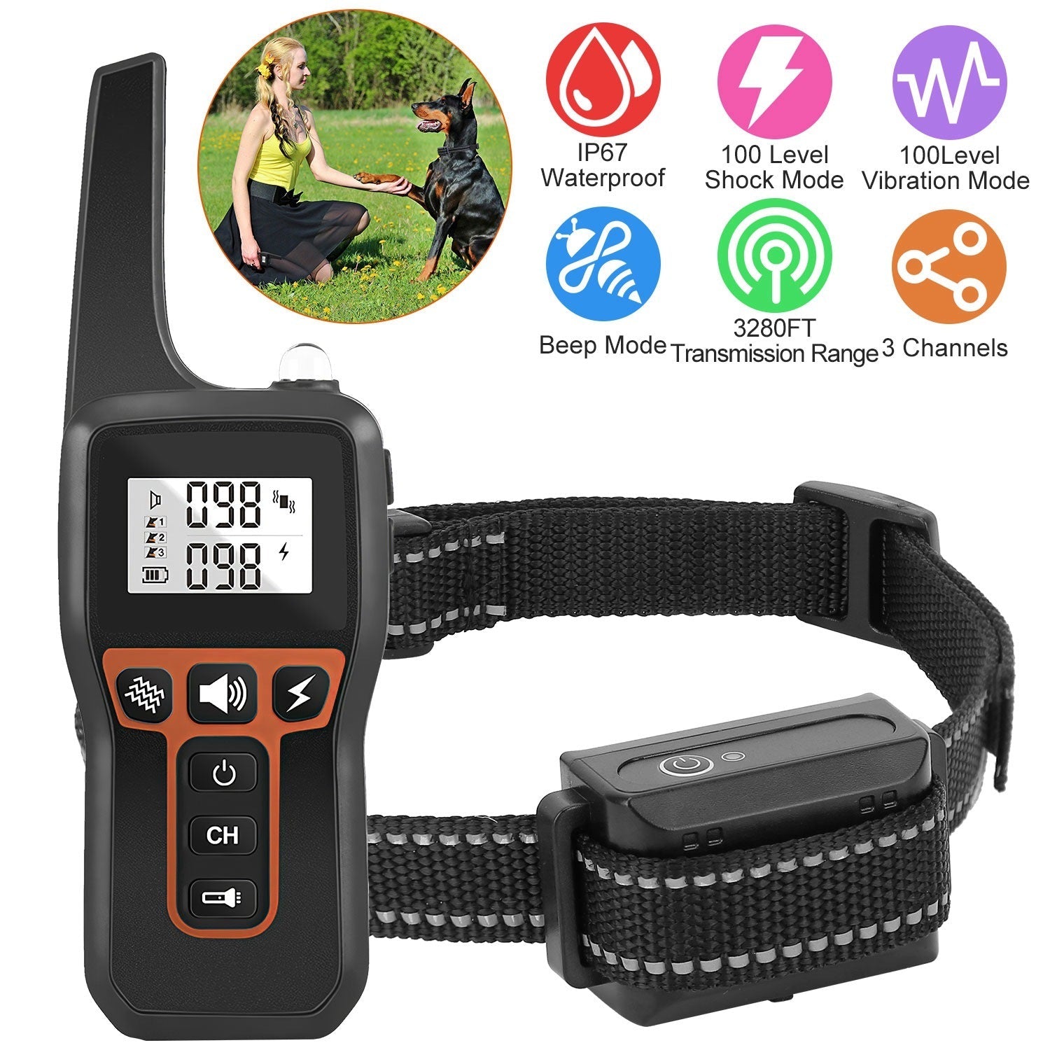 Dog Training Collar - 3280ft Range IP67 Waterproof 3 Modes