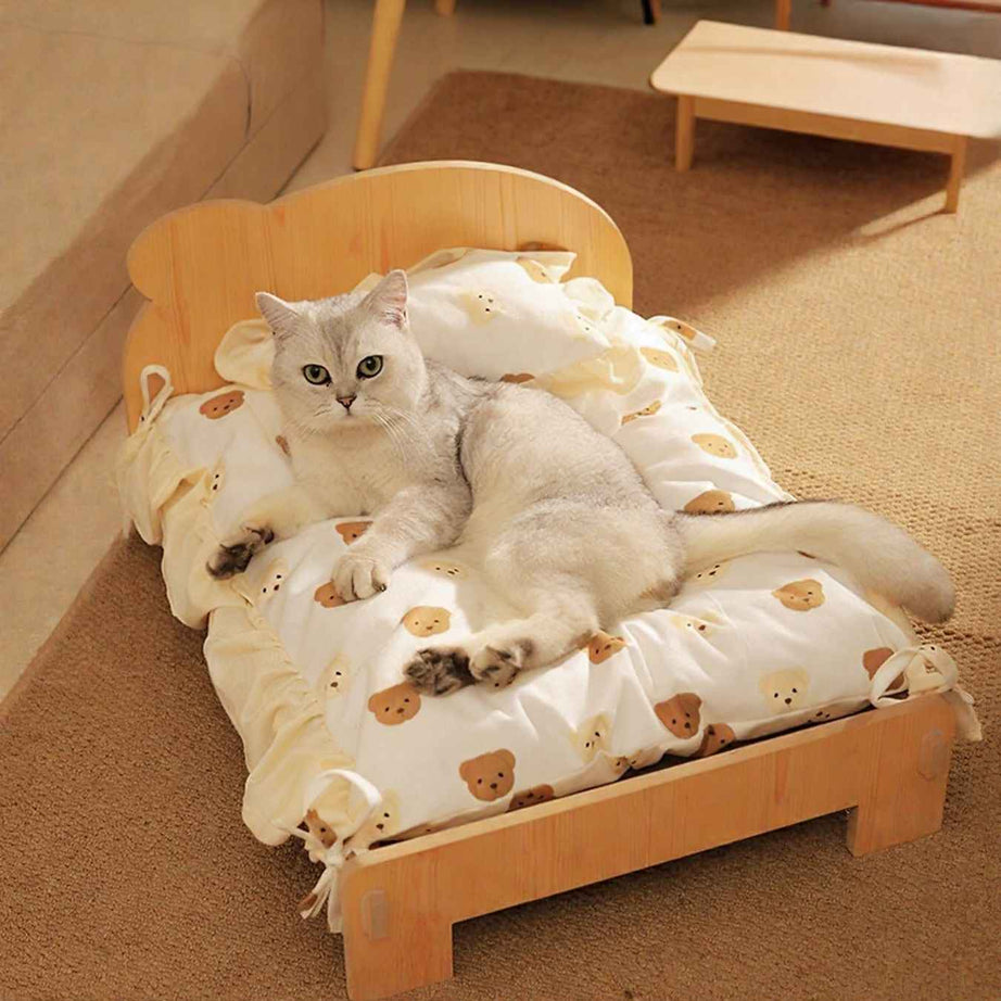 Wooden Pet Bed Frame - Miniature Bear Headboard with Bedding Set