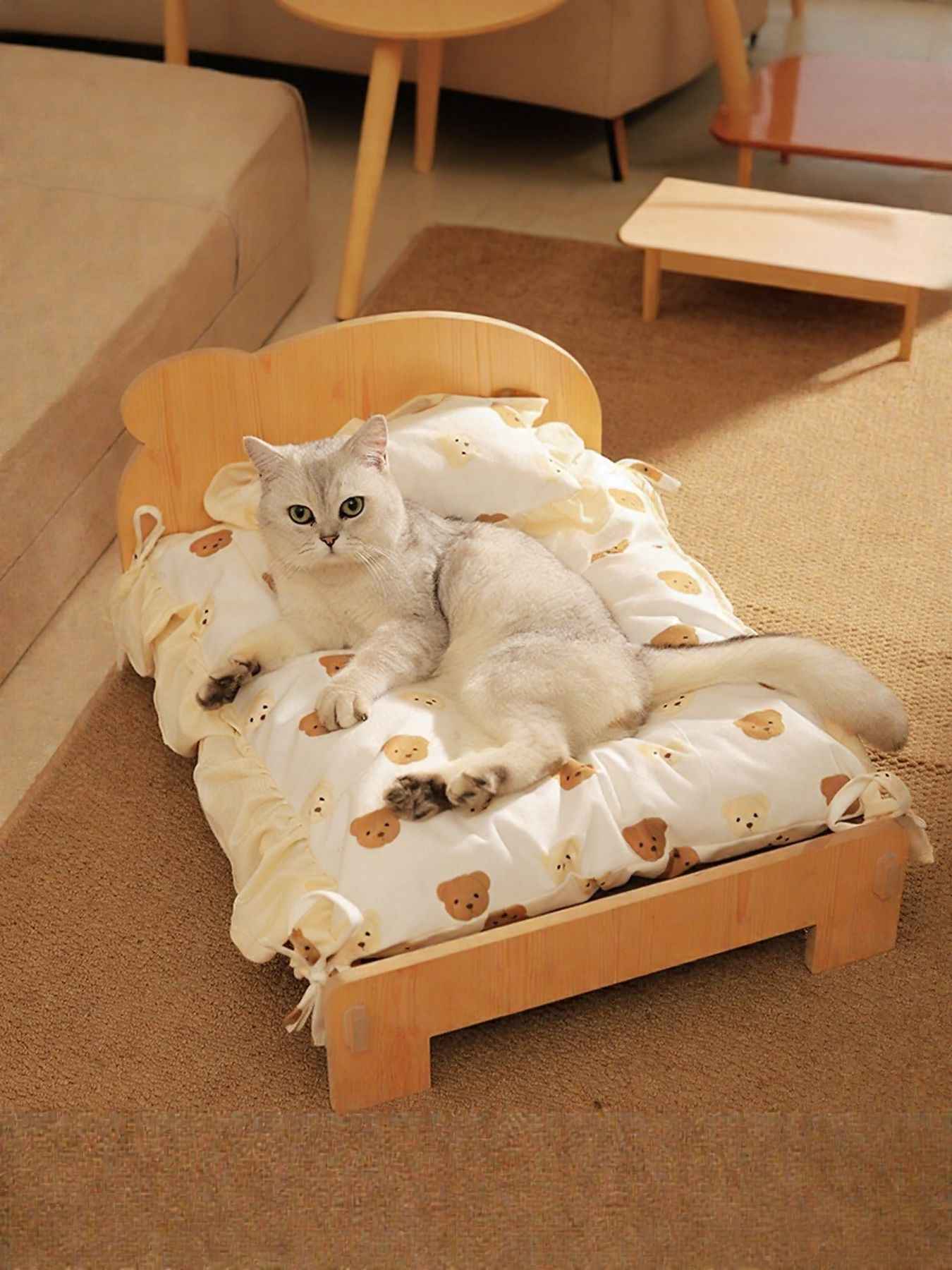 Wooden Pet Bed Frame - Miniature Bear Headboard with Bedding Set
