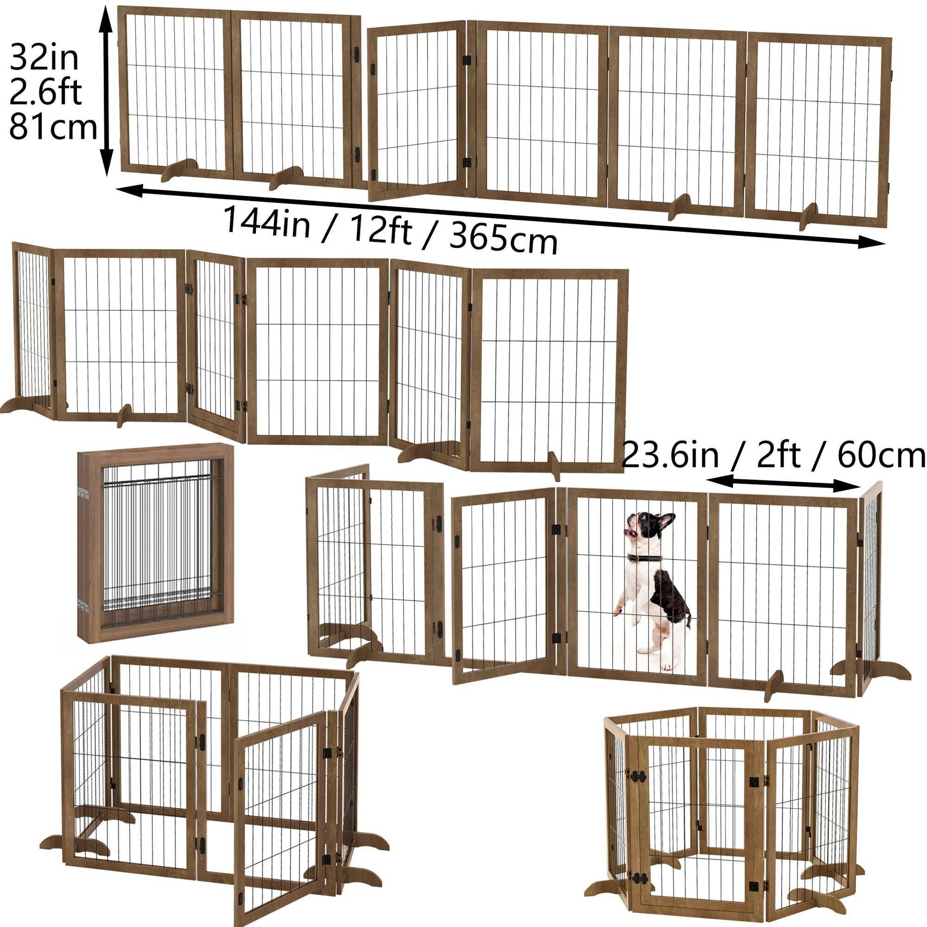 Dog Gate with Door - 6 Panel Pet Fence Barrier 144 Inch