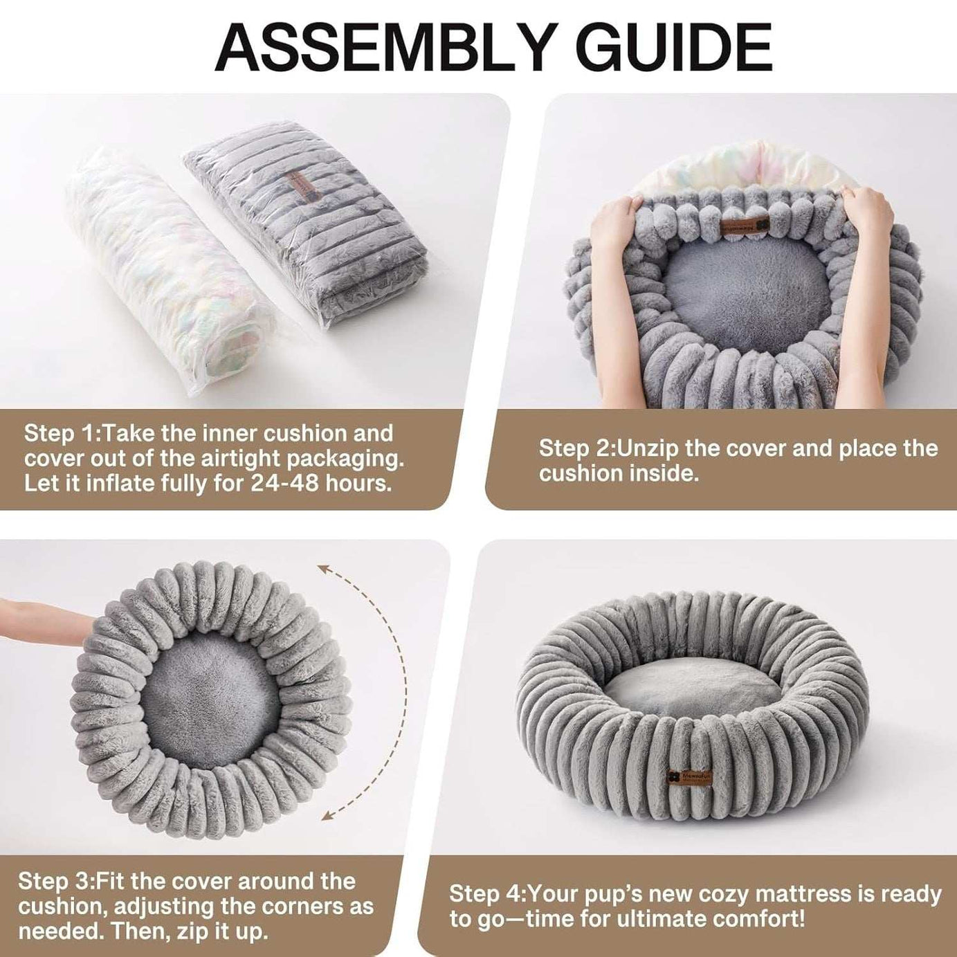 Fluffy Grey Round Pet Bed - Calming